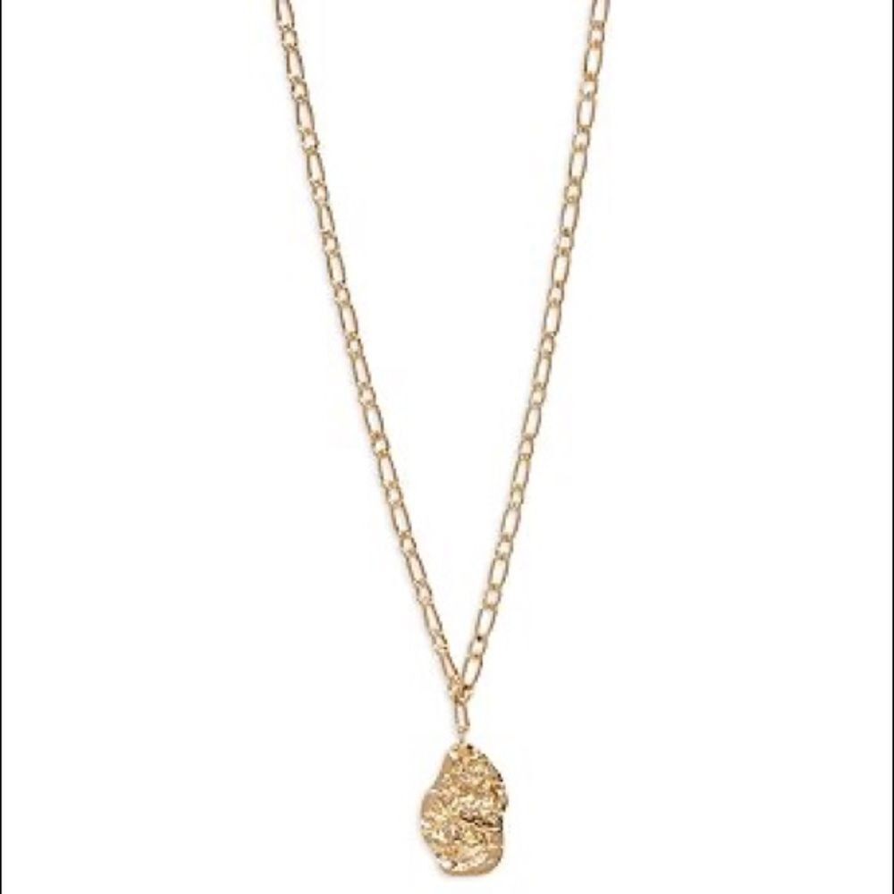 Aqua Hammered Nugget & Chain Link Pendant Necklace Gold Tone 21